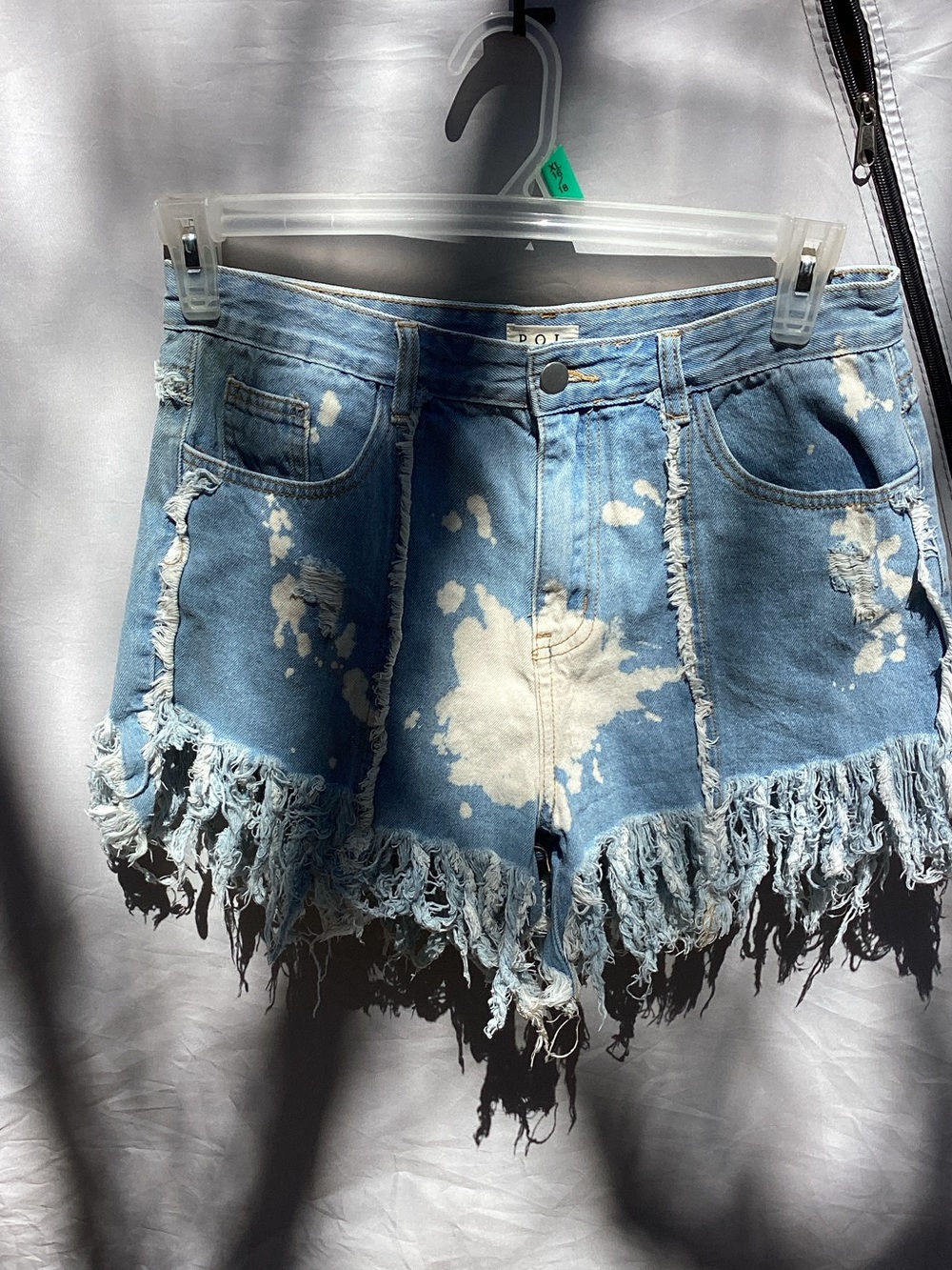 POL Distressed Bleach-Splatter Denim Mini Skirt in Light Blue